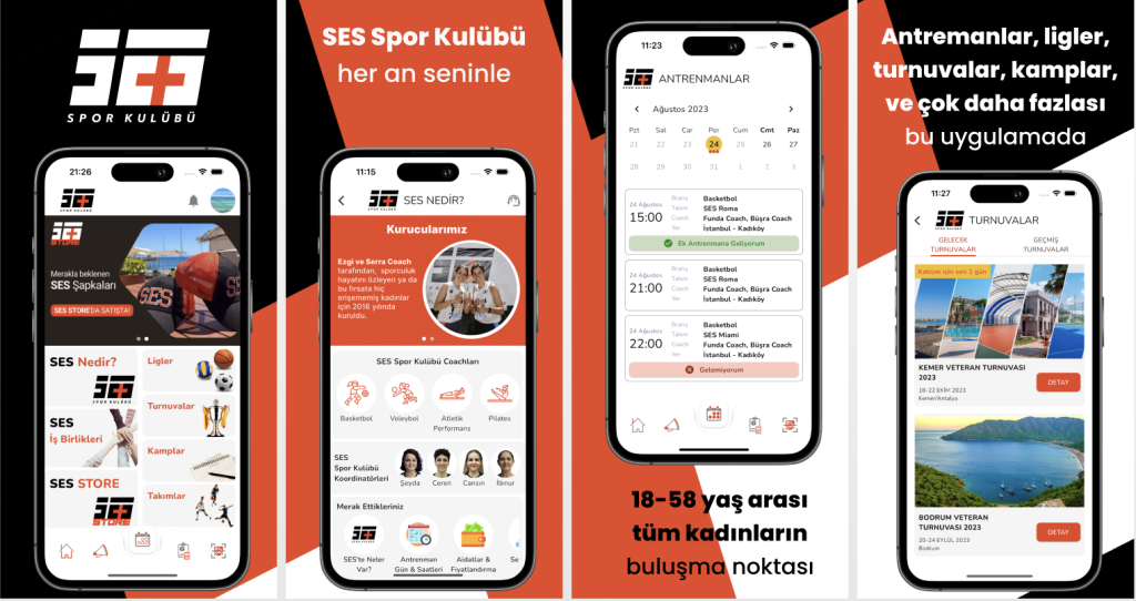 SES uygulamasının ana sayfa, kulüp bilgisi, antrenman takvimi ve turnuva ekranları